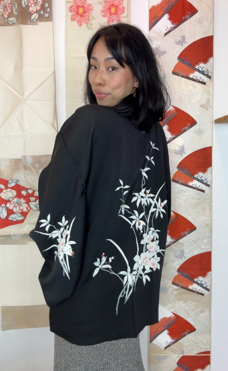 Haori Black Ikebana Flowers in Silk