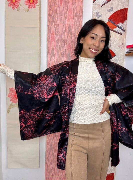 Haori Black with Pink Japanese Houses in Silk