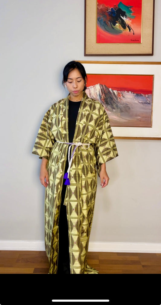 Kimono Tsumugi Green Geometric