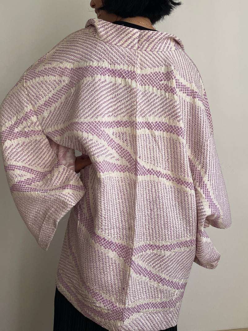 Haori White with Shibori Technique in Purple Silk