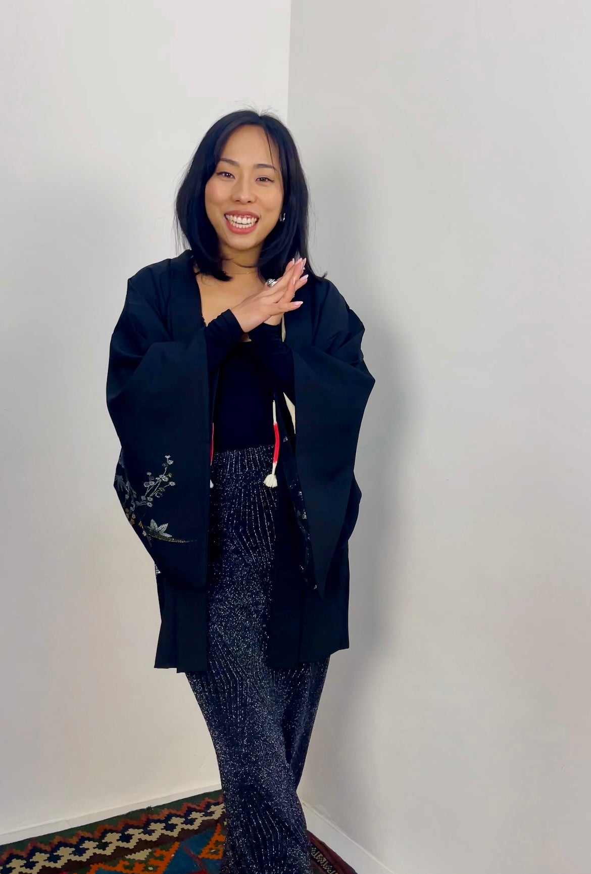 Haori Jacket Black with Metallic Colorful Flower Embroideries in Silk