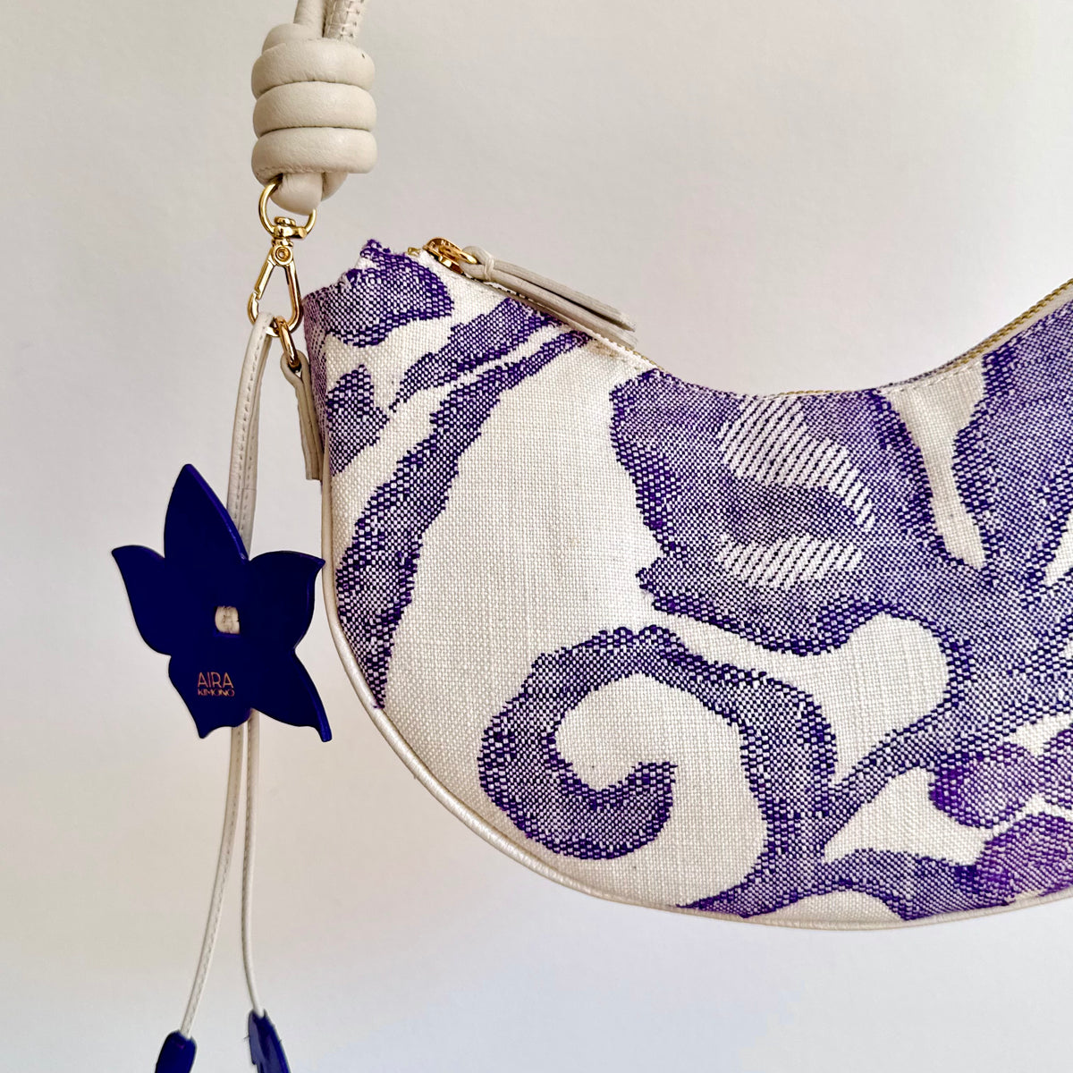 Aiko Bag: Fuji - White and Purple from Woven Japanese Obi Sash with White Leather Strap