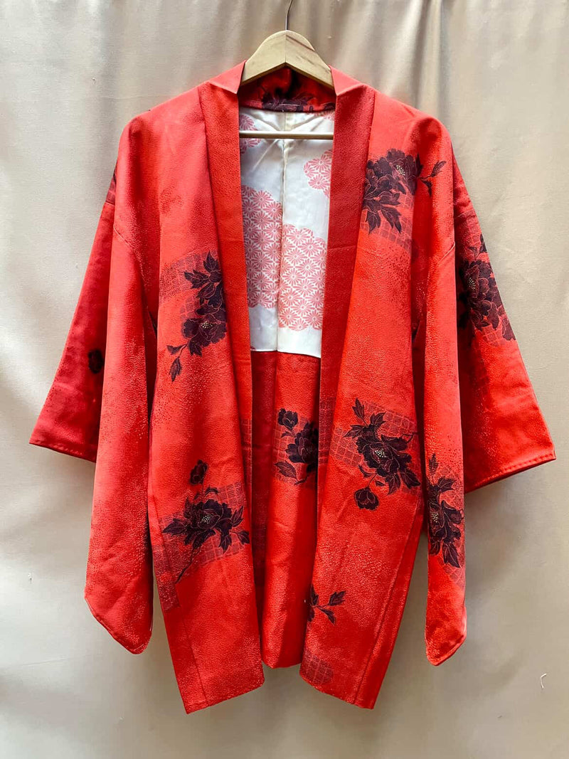 Haori Hot Orange with Flowers in Silk
