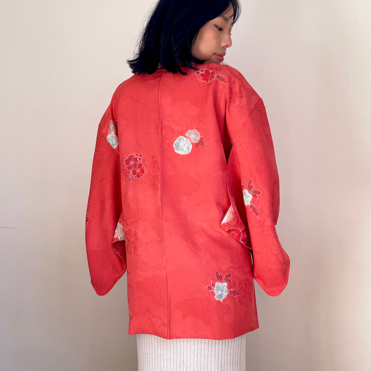Haori Coral Pink with Hawaian Flowers in Silk