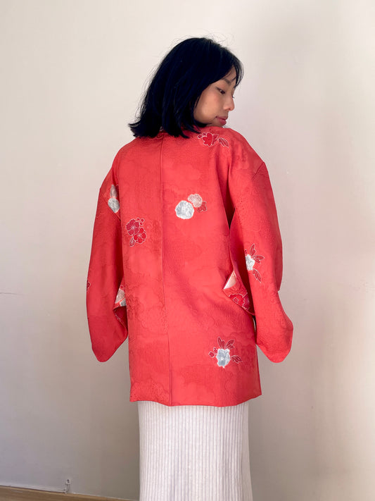 Haori Coral Pink with Hawaian Flowers in Silk