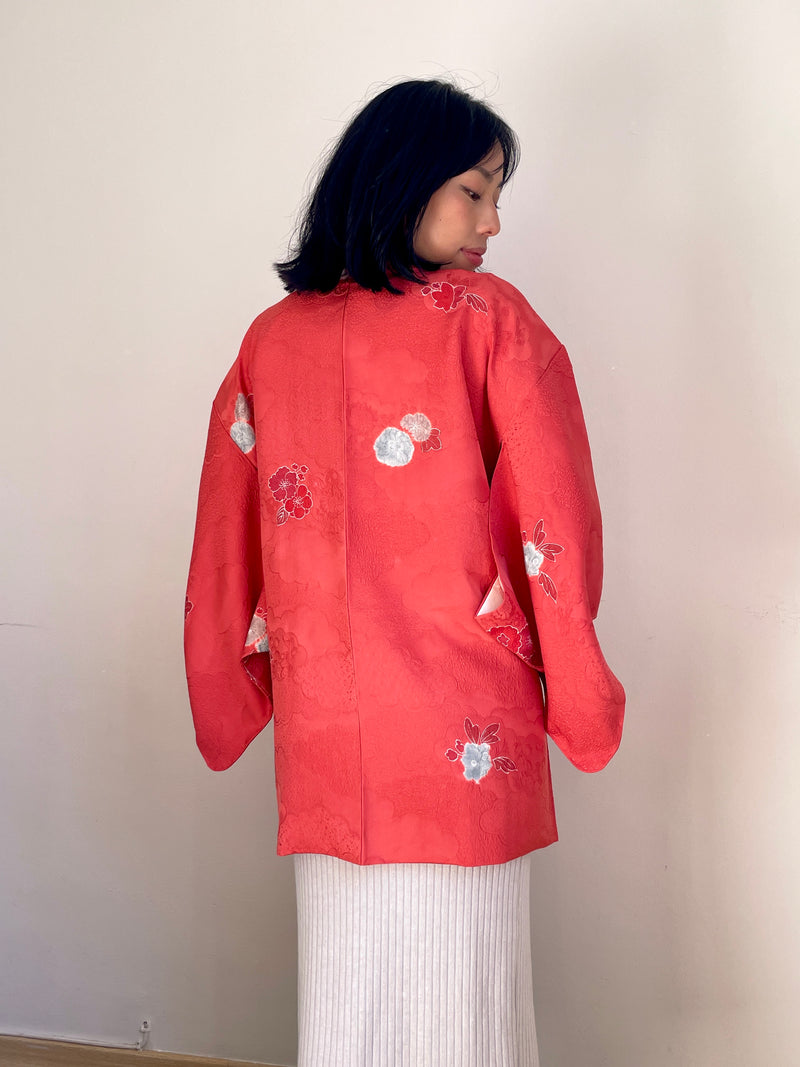 Haori Coral Pink with Hawaian Flowers in Silk
