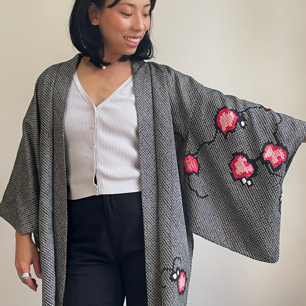 Haori Black Shibori Pink Flowers