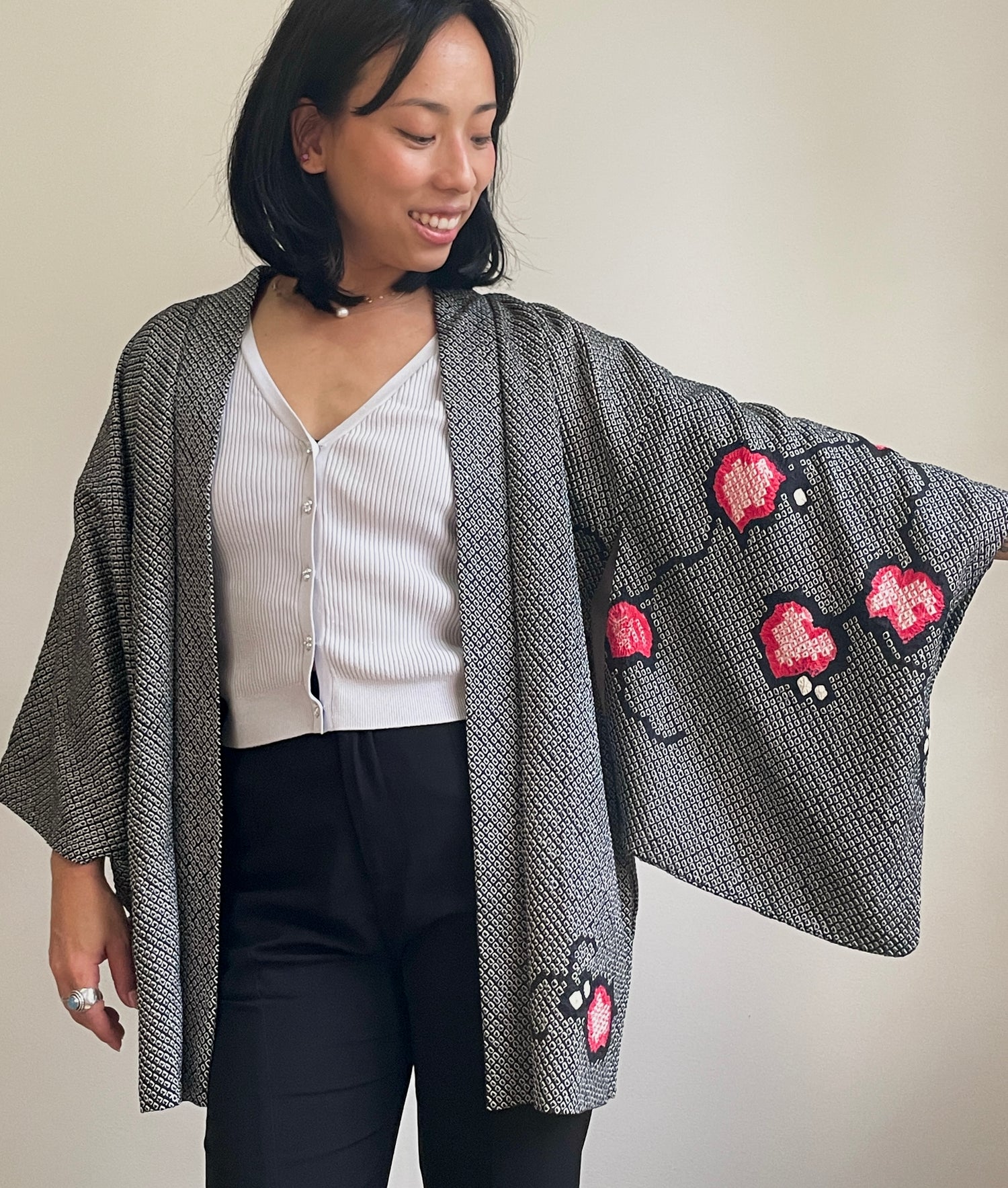 Haori Black Shibori Pink Flowers