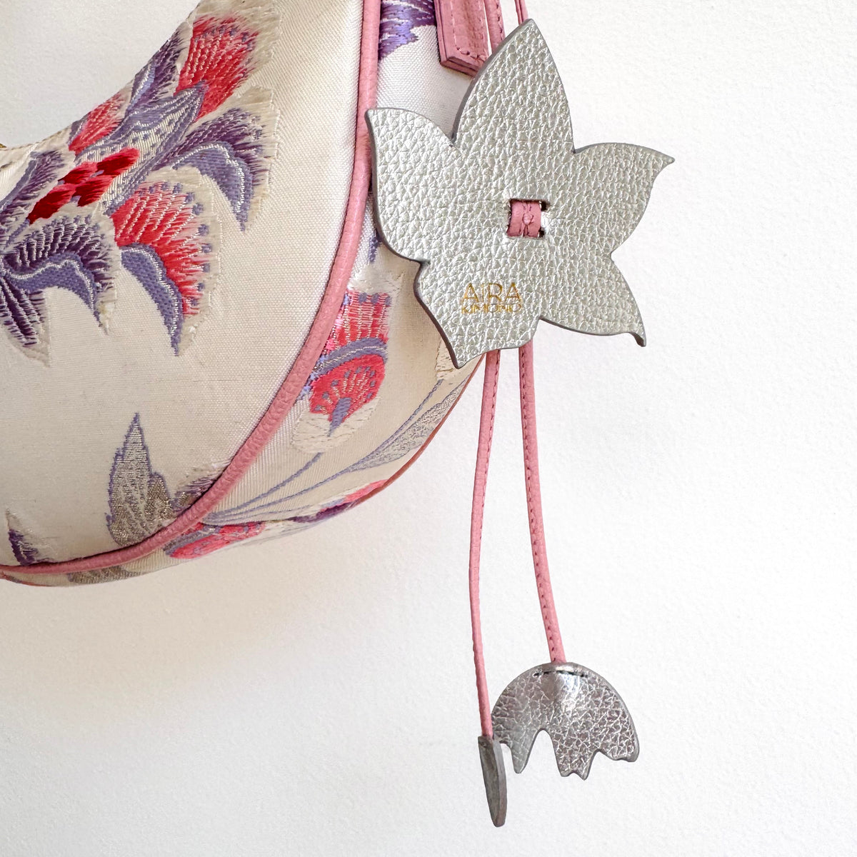 Aiko Bag: Metallic Pink and Blue Peacock and Flowers from Embroidered Obi Sash with Pink Leather Strap
