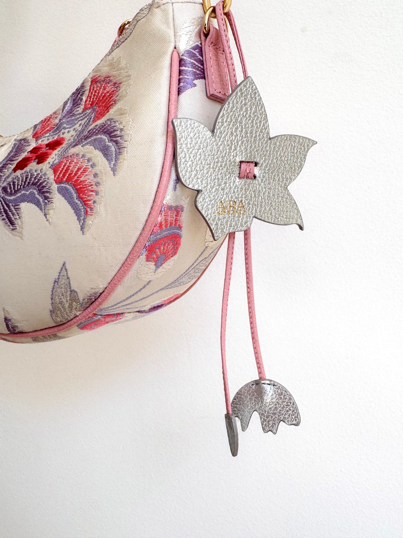 Aiko Bag: Metallic Pink and Blue Peacock and Flowers from Embroidered Obi Sash with Pink Leather Strap