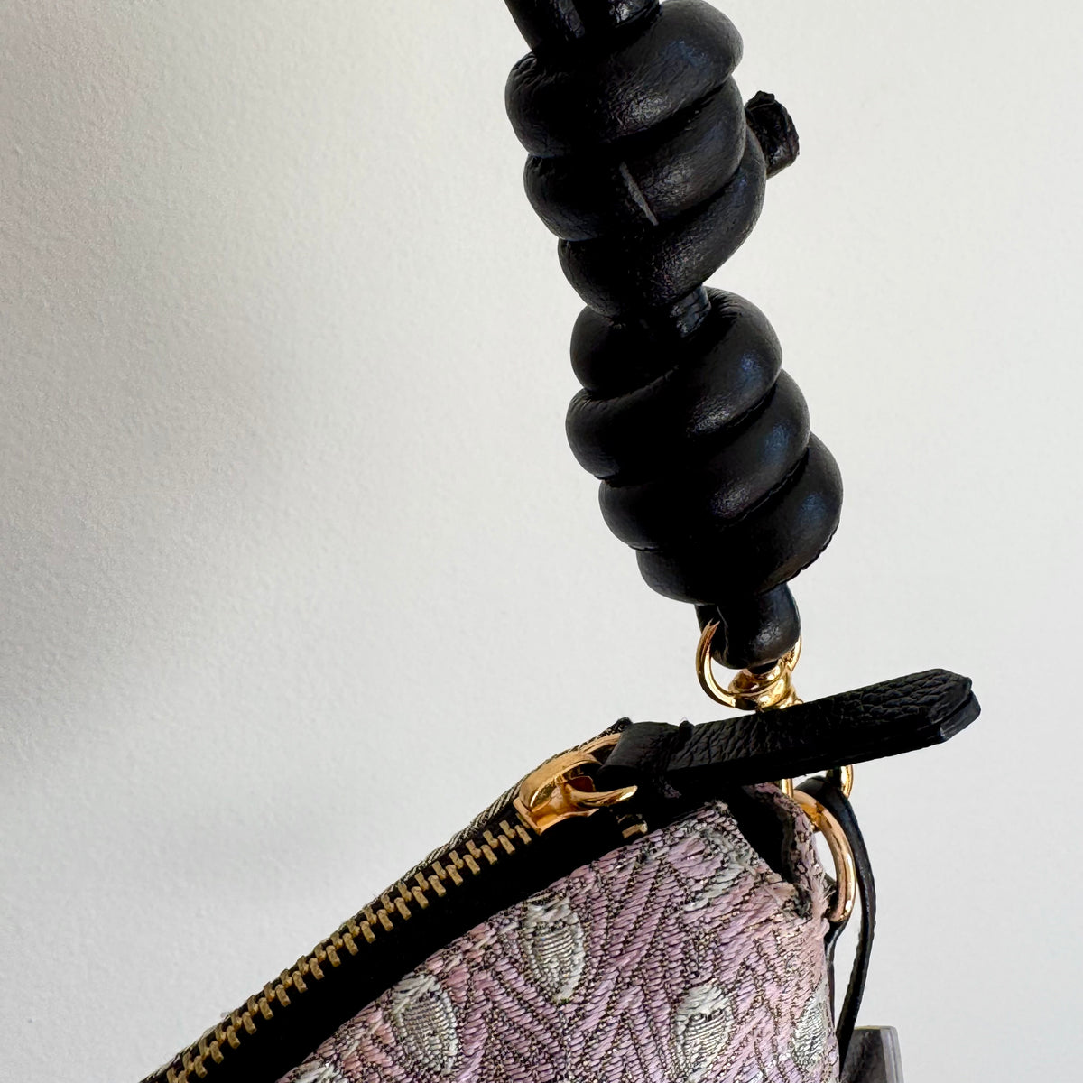 Aiko Bag: Black Metallic Black Peacock from Embroidered Obi Sash with Black Leather Strap