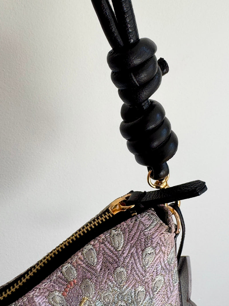 Aiko Bag: Black Metallic Black Peacock from Embroidered Obi Sash with Black Leather Strap