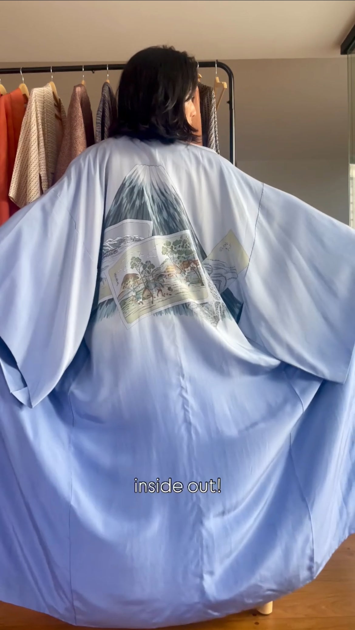 Kimono Mens with Handpainted Mount Fuji Art in Grey and Blue Silk