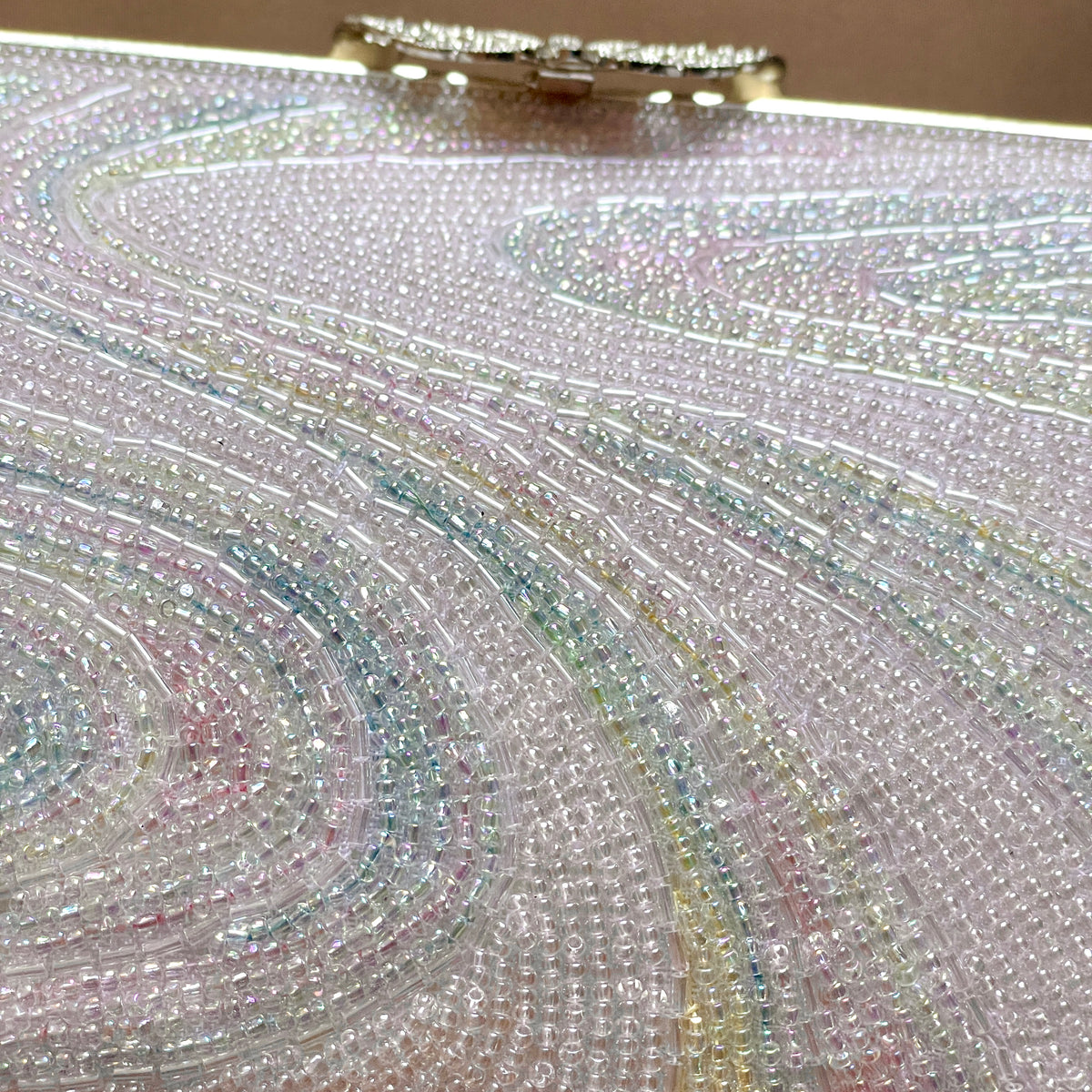 Beaded Handbag Pale Pink with Embroidered Colorful Waves