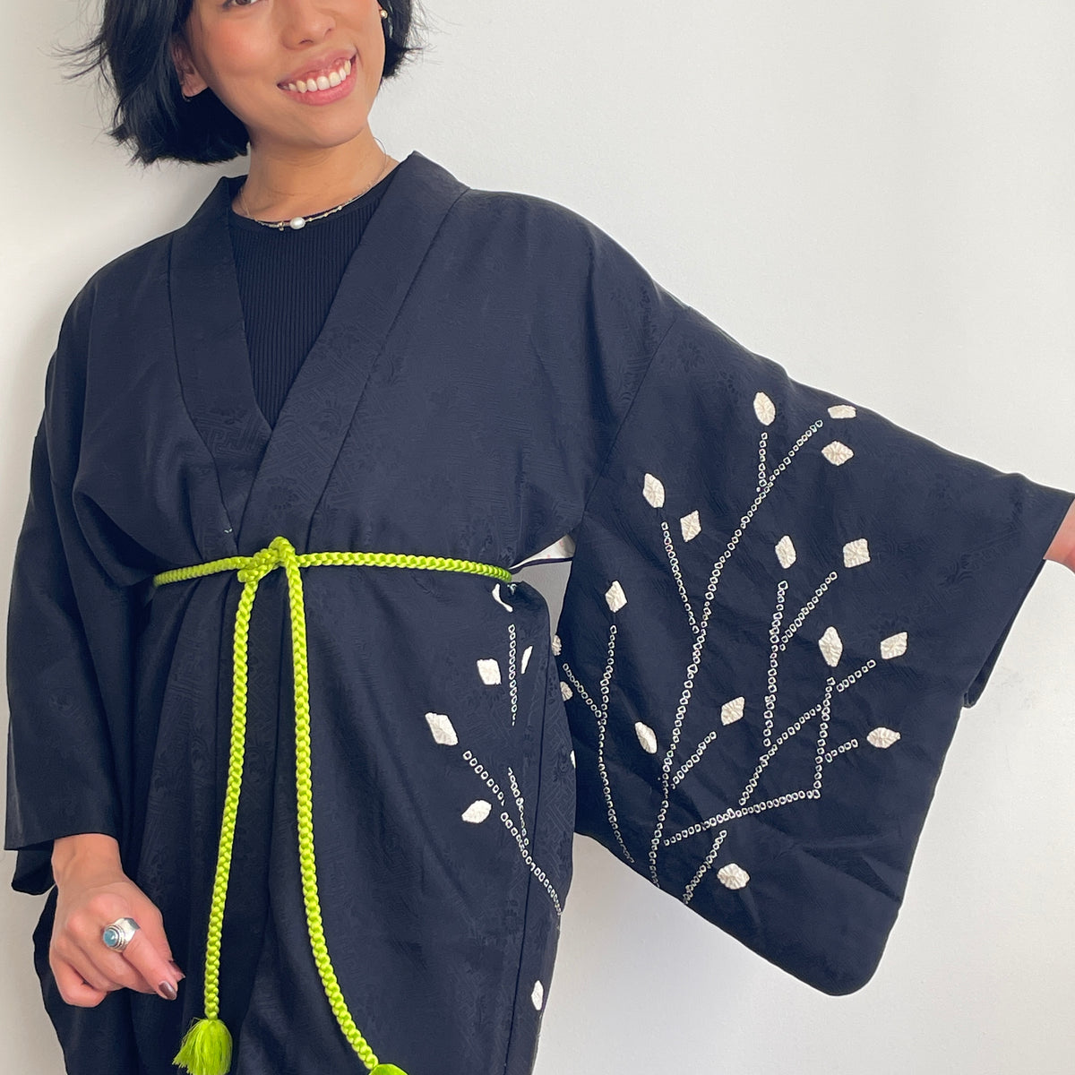 Haori Black with White Shibori Technique Leaves White in Silk