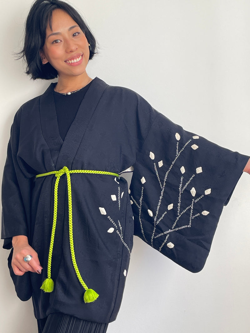 Haori Black with White Shibori Technique Leaves White in Silk