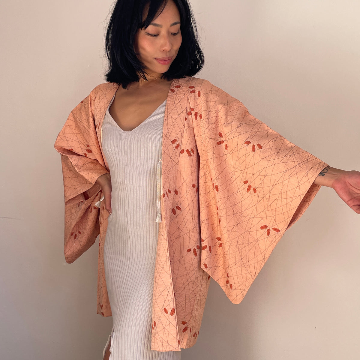 Haori Peach Pink with Shibori Leaves in Silk