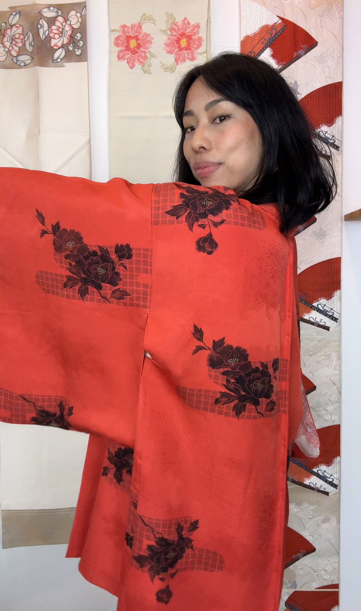 Haori Hot Orange with Flowers in Silk