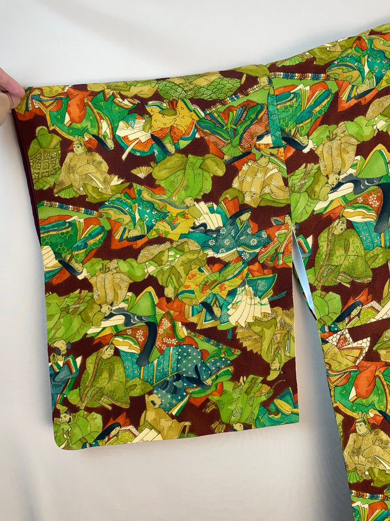 Kimono Dark Brown with Green Pattern of People in Kimono