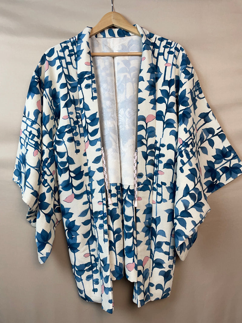 Haori White with Blue Watercolor Leaves