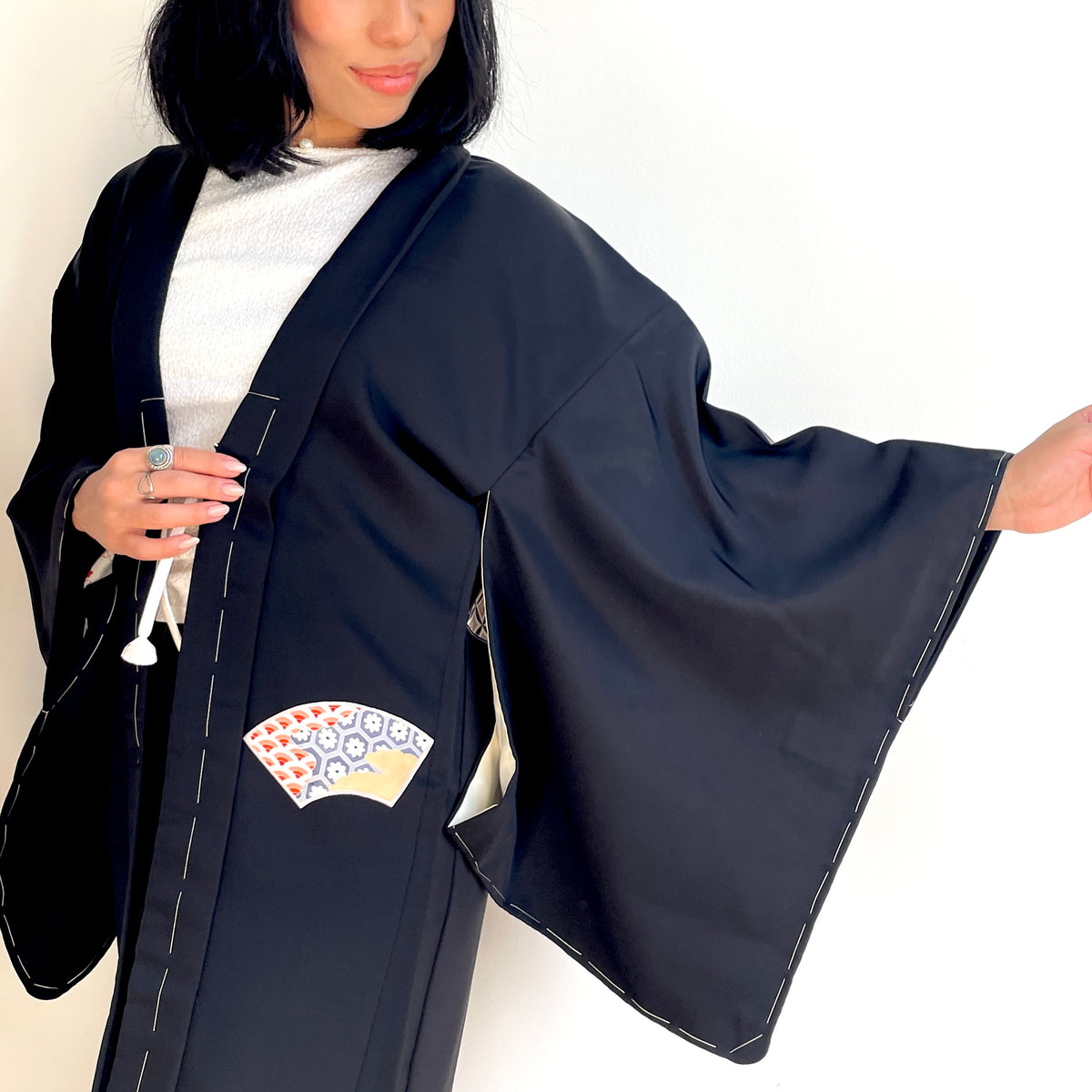 Haori Black with Japanese Fans in Silk