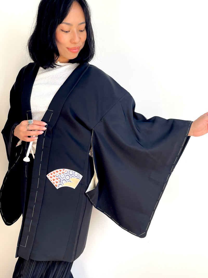 Haori Black with Japanese Fans in Silk