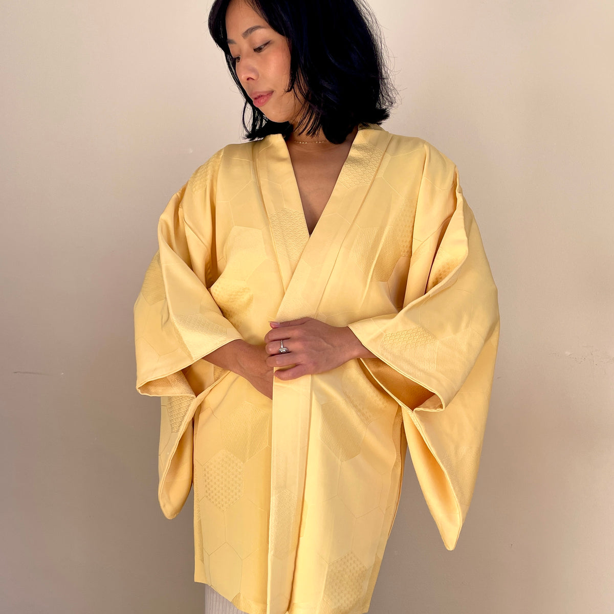 Haori Pale Yellow with Bee Hive with Texture in Silk