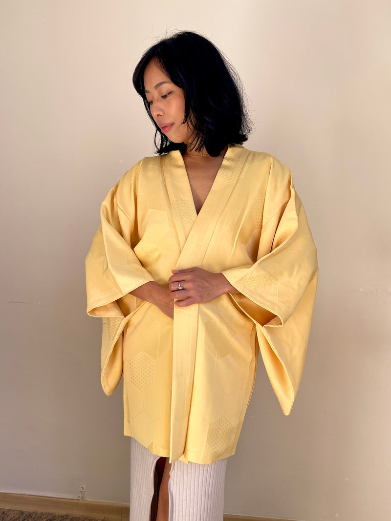 Haori Pale Yellow with Bee Hive with Texture in Silk
