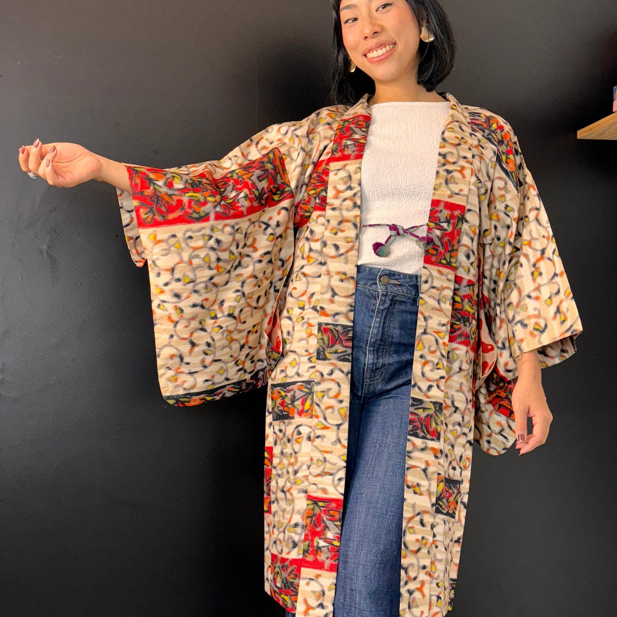 Haori Meisen Tsumugi Colorful Branches in Silk