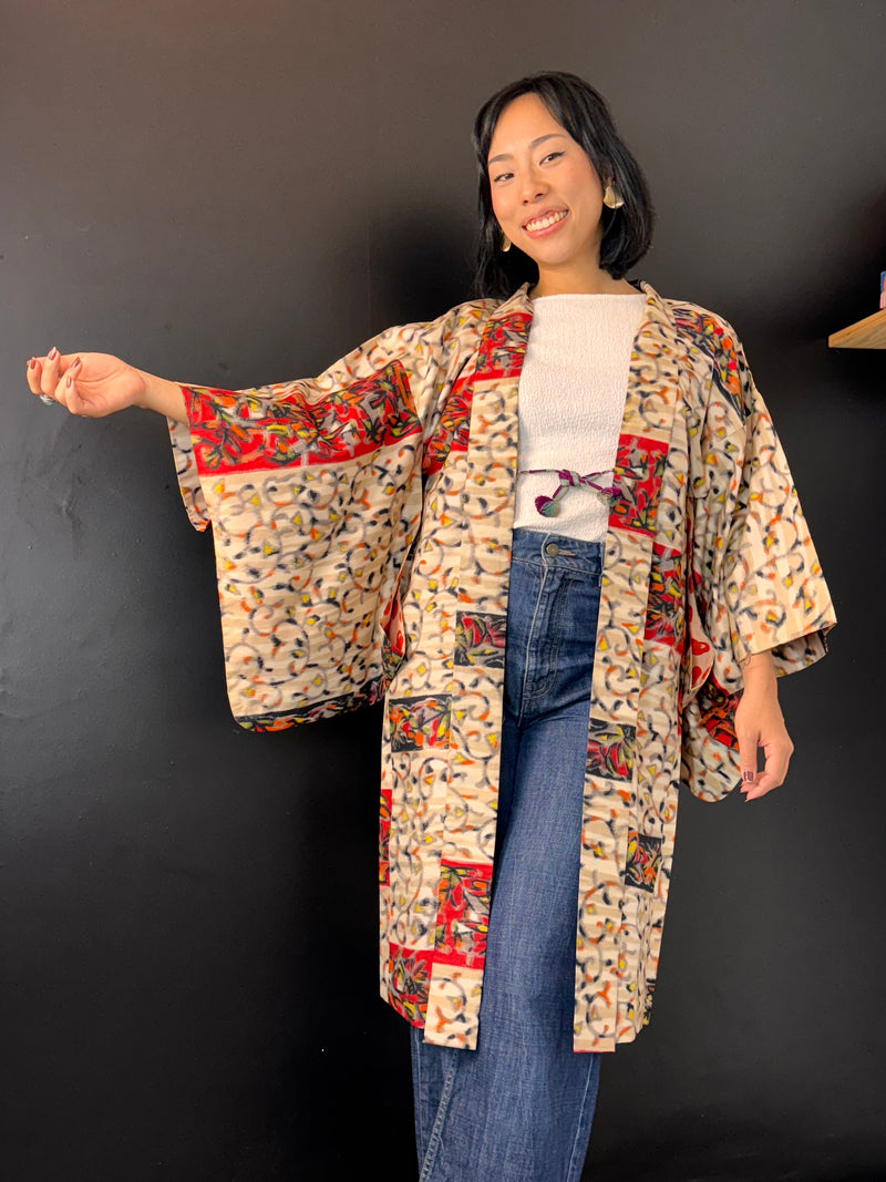 Haori Meisen Tsumugi Colorful Branches in Silk