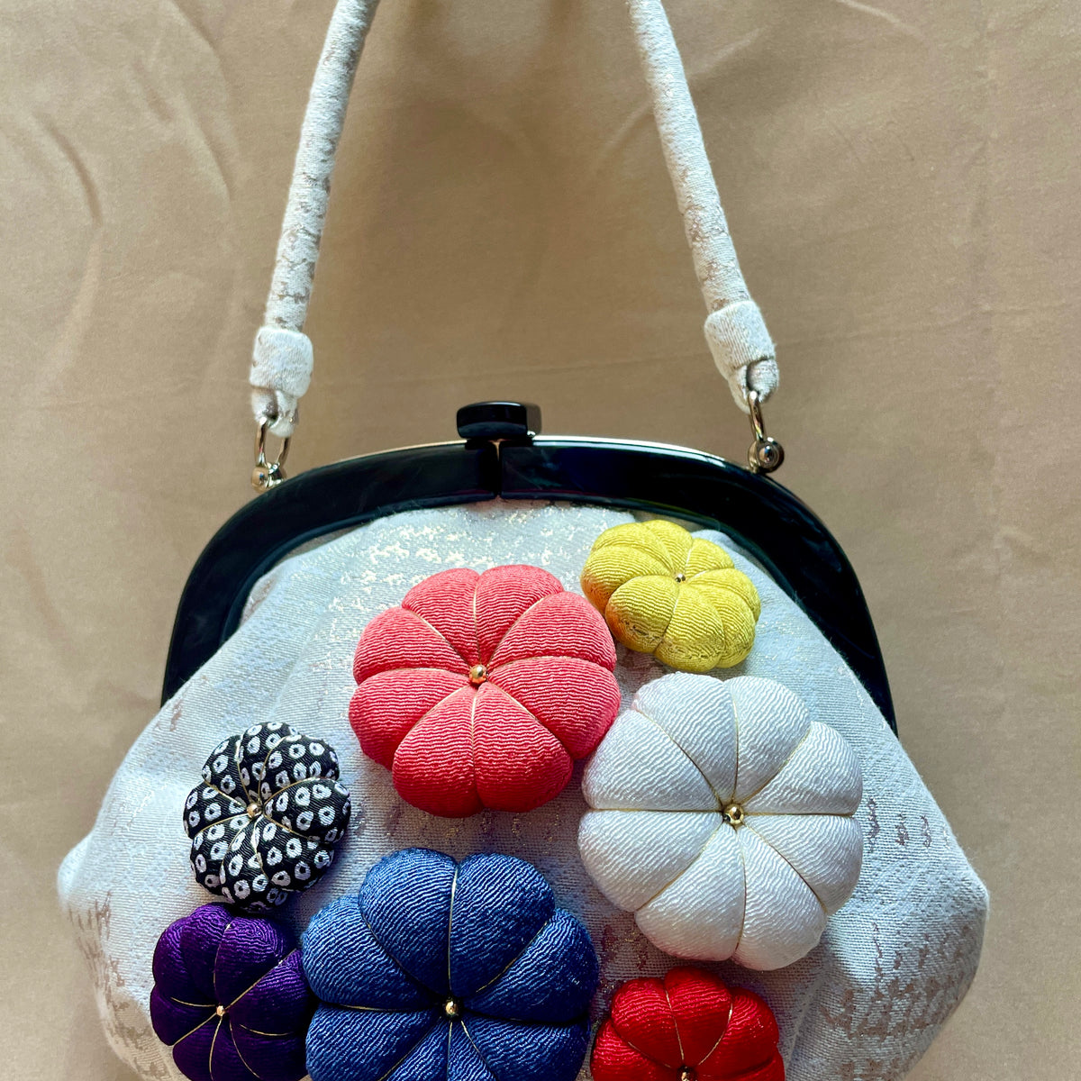 Japanese Handbag with Chirimen Flowers in Kimono Fabric