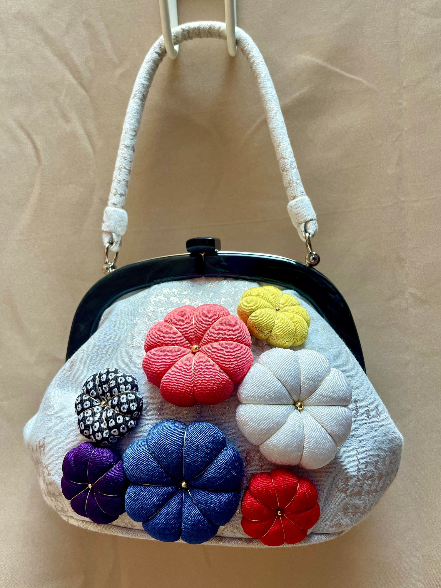 Japanese Handbag with Chirimen Flowers in Kimono Fabric