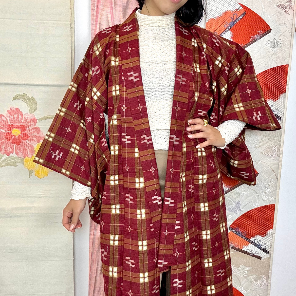 Kimono Plaid Wine Red in Tsumugi Technique Silk