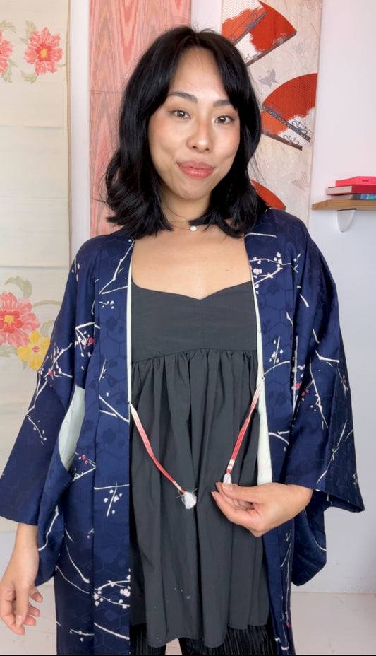 Haori Dark Blue with Beehive Patern and Pink and White Branches in Silk