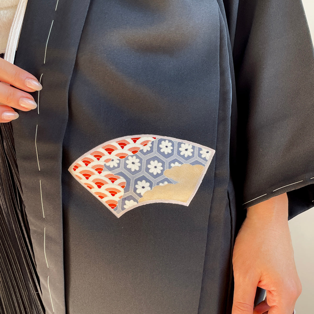 Haori Black with Japanese Fans in Silk