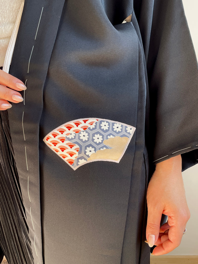 Haori Black with Japanese Fans in Silk