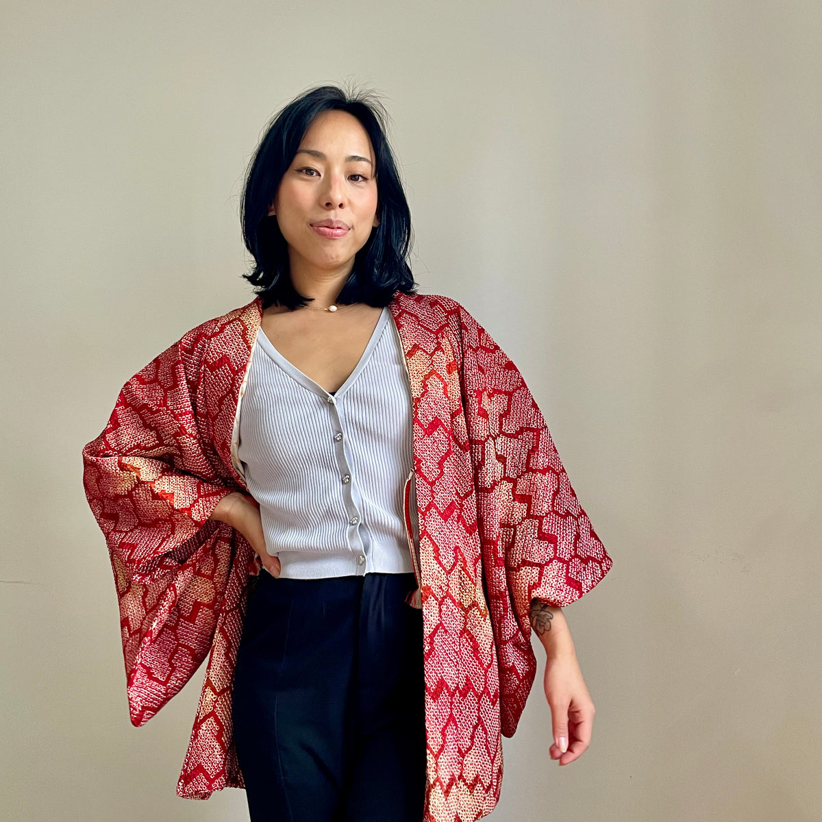 Haori Red Crayon Shibori Technique Geometric in Silk