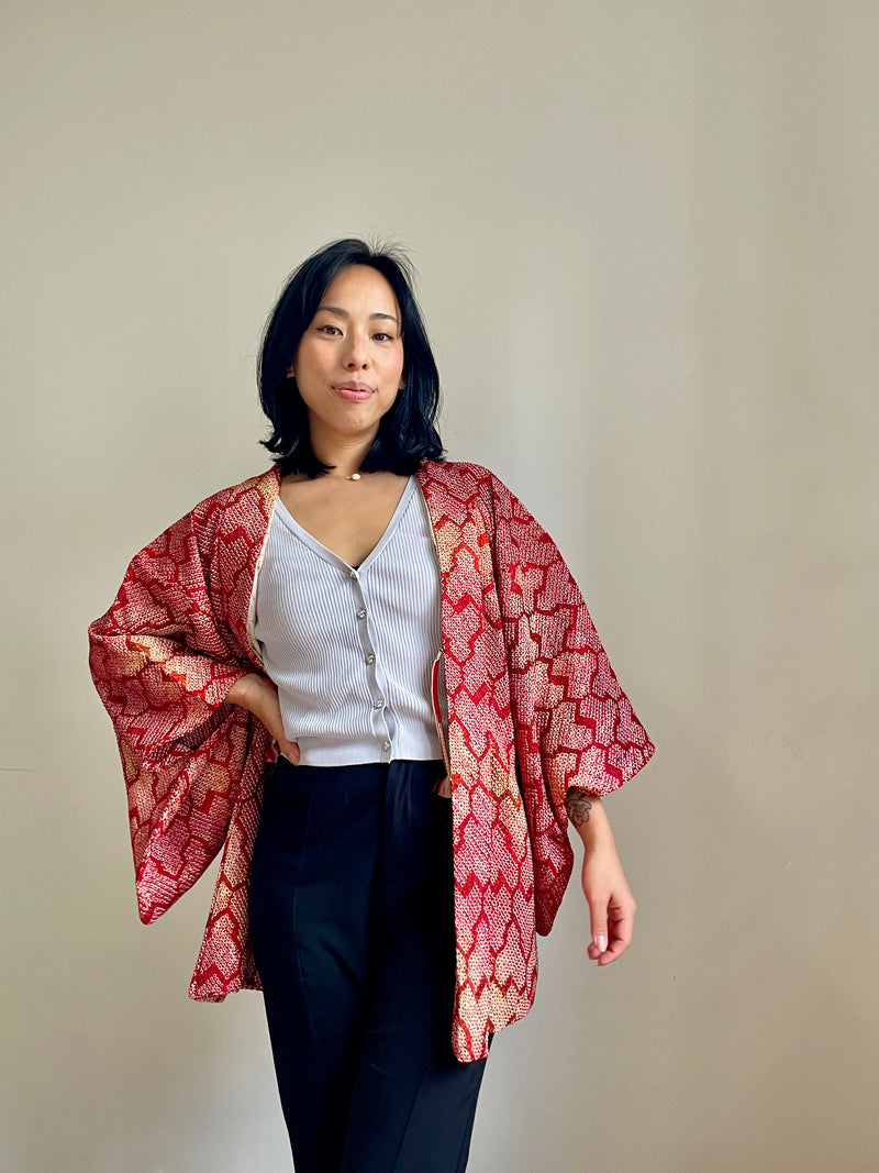 Haori Red Crayon Shibori Technique Geometric in Silk