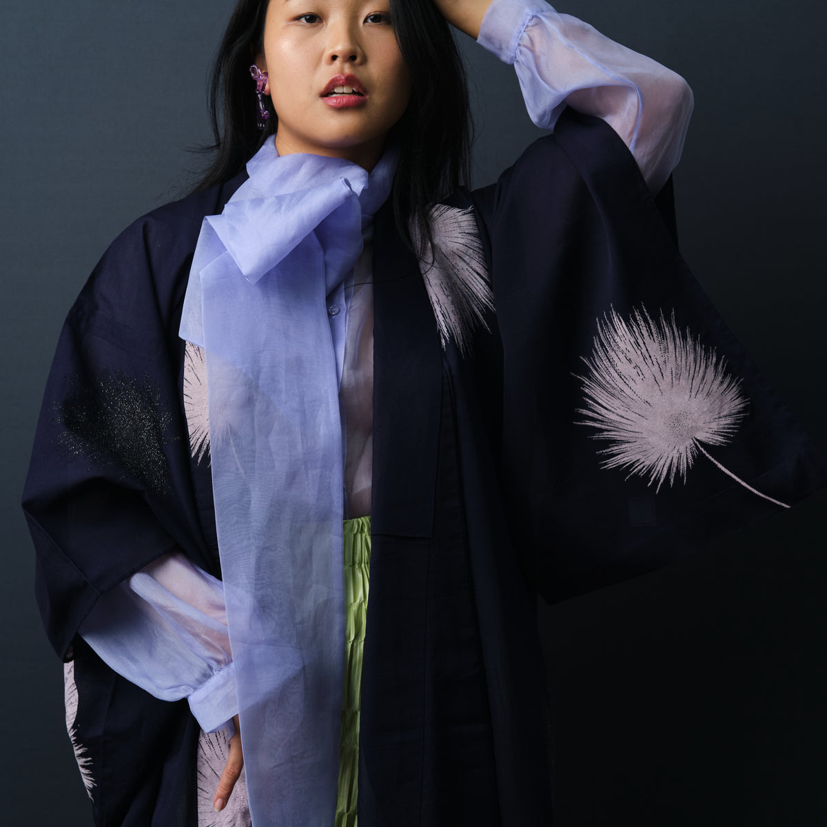 Kimono Sheer Dark Purple with Lilac and Black Embroideries
