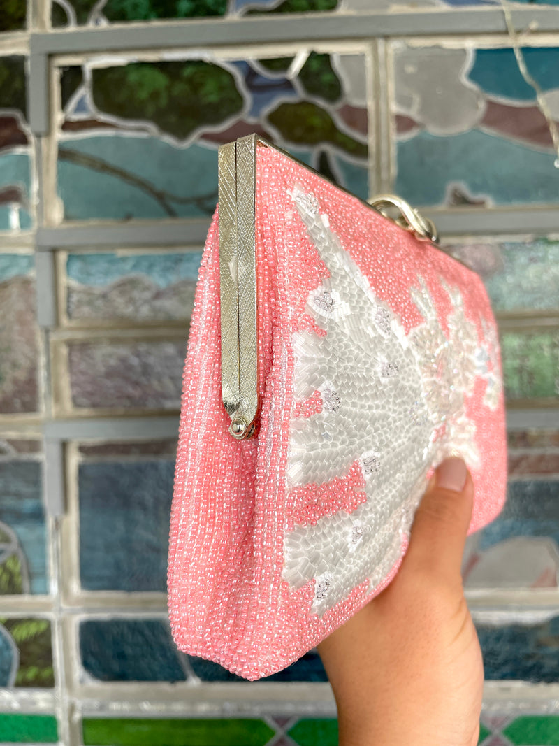 Beaded Bag Pink with white Flowers