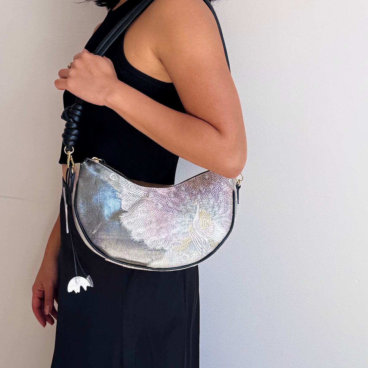 Aiko Bag: Black Metallic Black Peacock from Embroidered Obi Sash with Black Leather Strap