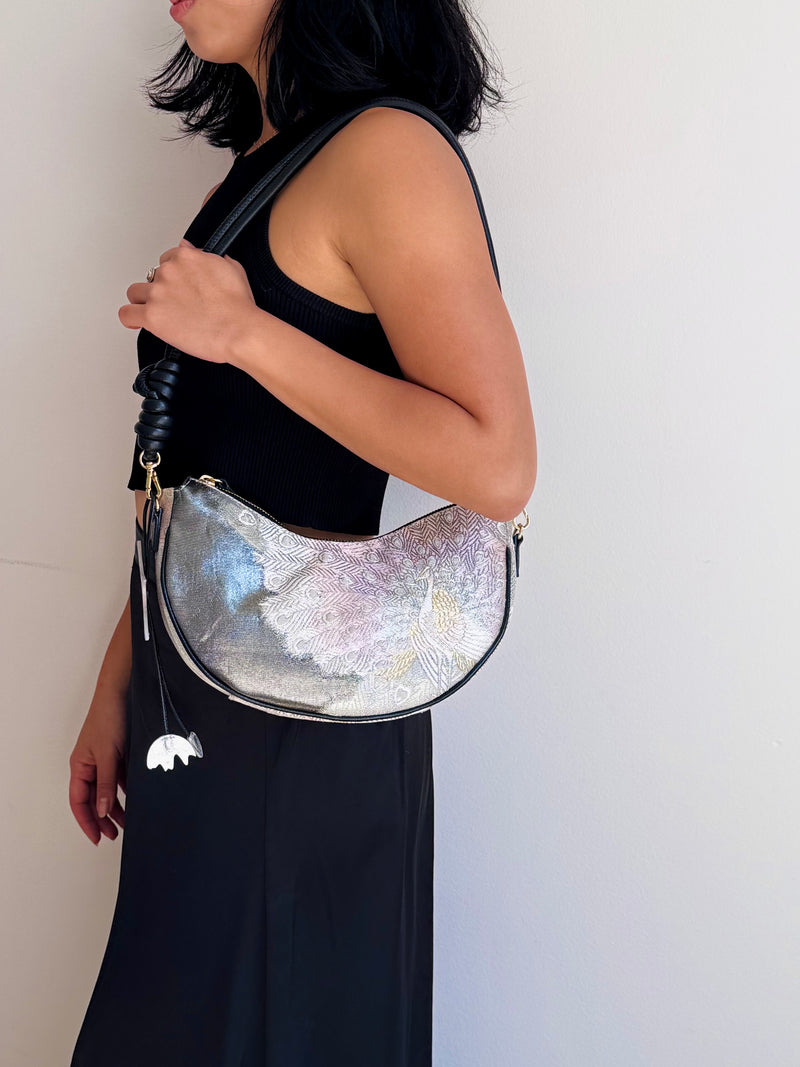 Aiko Bag: Black Metallic Black Peacock from Embroidered Obi Sash with Black Leather Strap