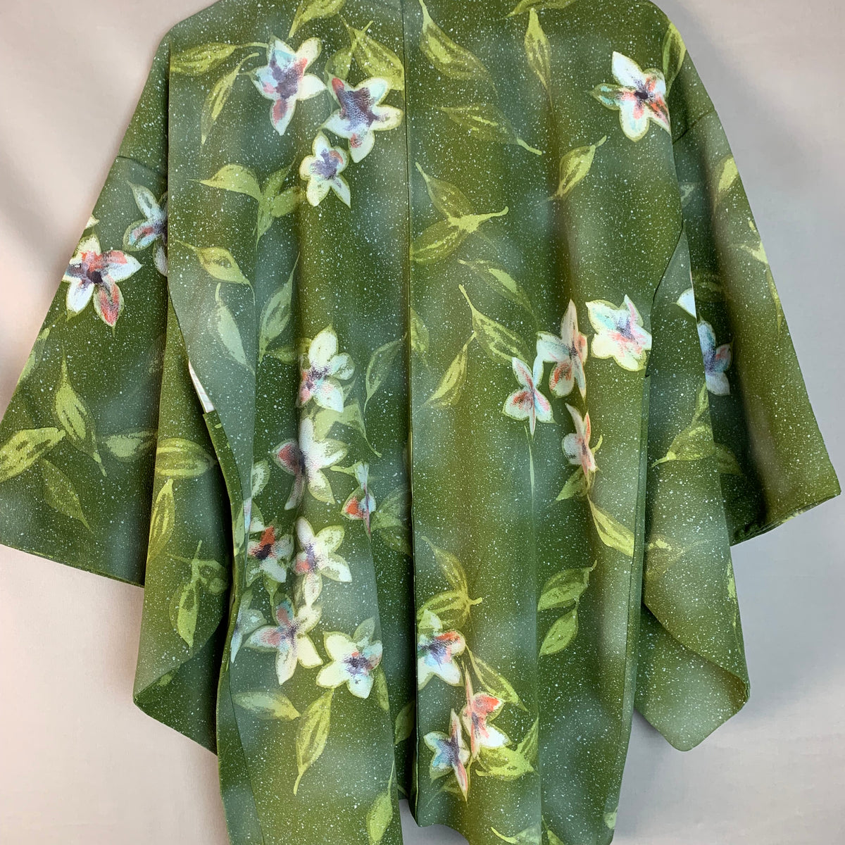 Haori Hand Painted Flowers in Green silk - SKU