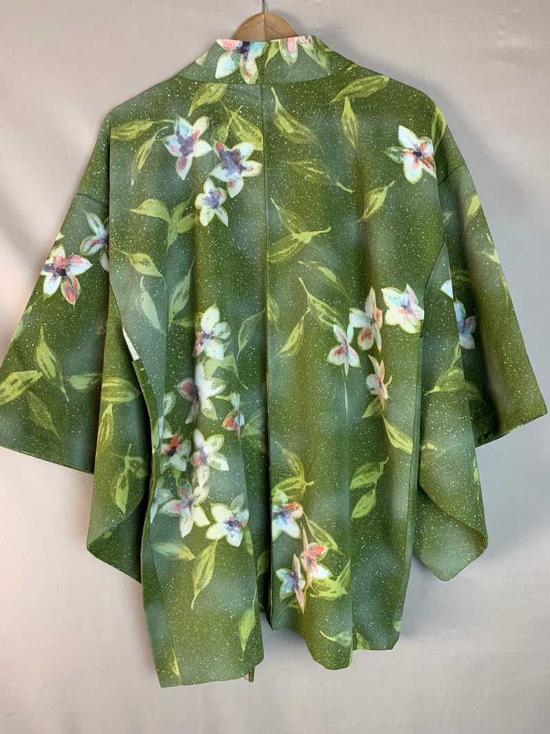 Haori Hand Painted Flowers in Green silk - SKU