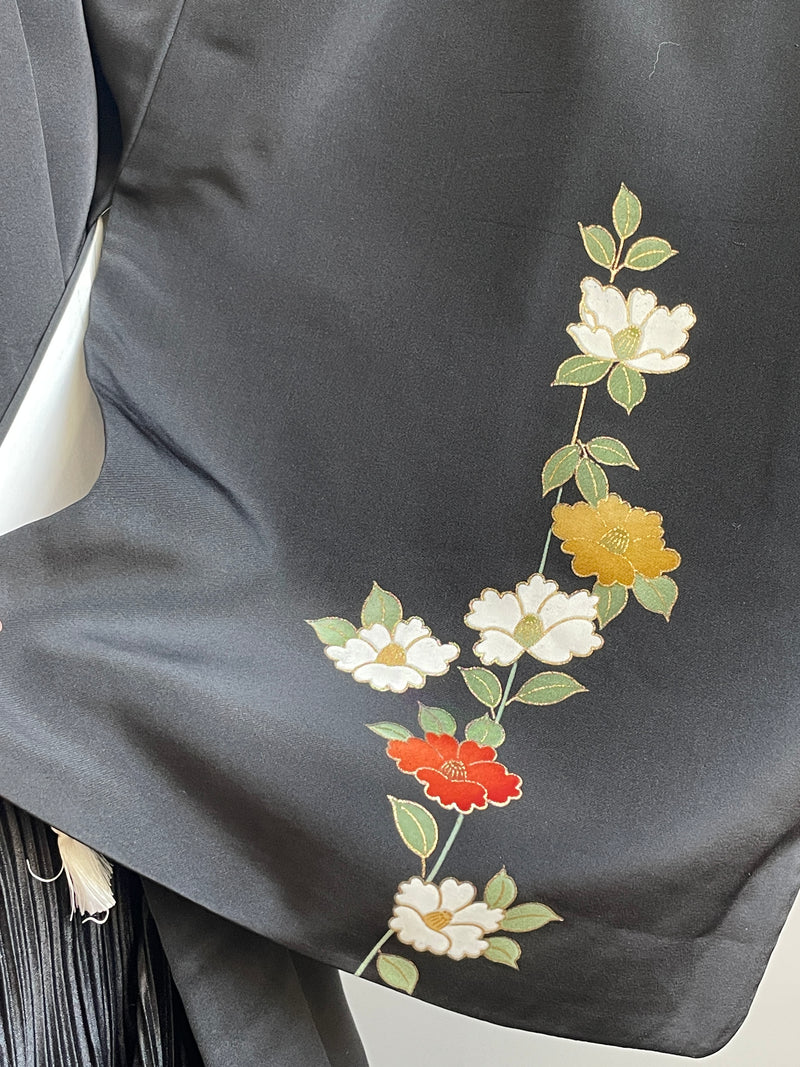 Haori Black with Painted Peonies in Silk