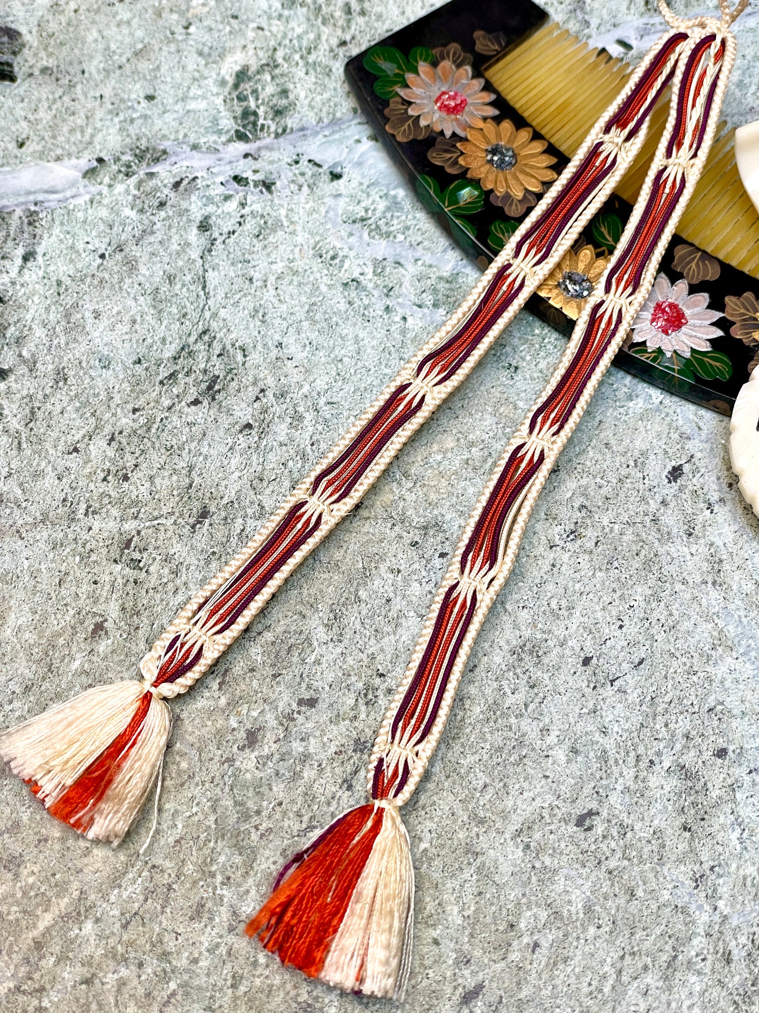 Haorihimo Belts Cream and Brown Stars in Silk (set of 2)