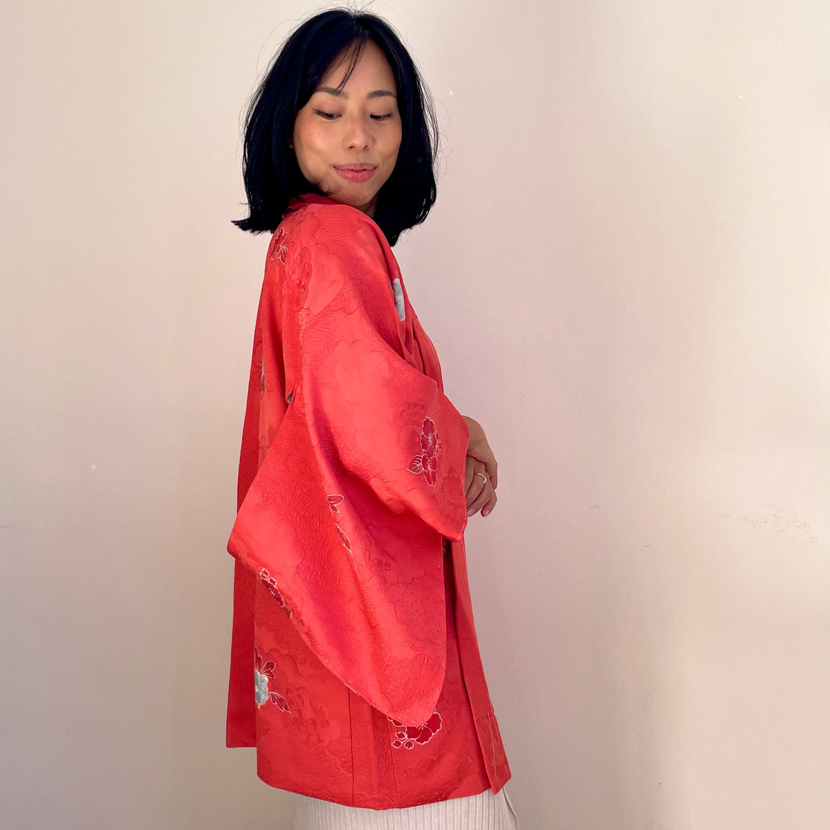 Haori Coral Pink with Hawaian Flowers in Silk