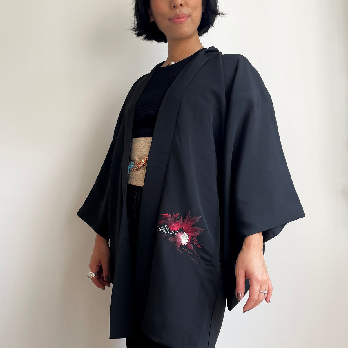 Haori Black with Dark Red Flowers Embroidered in Silk