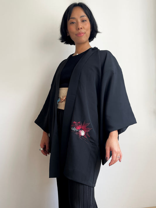 Haori Black with Dark Red Flowers Embroidered in Silk
