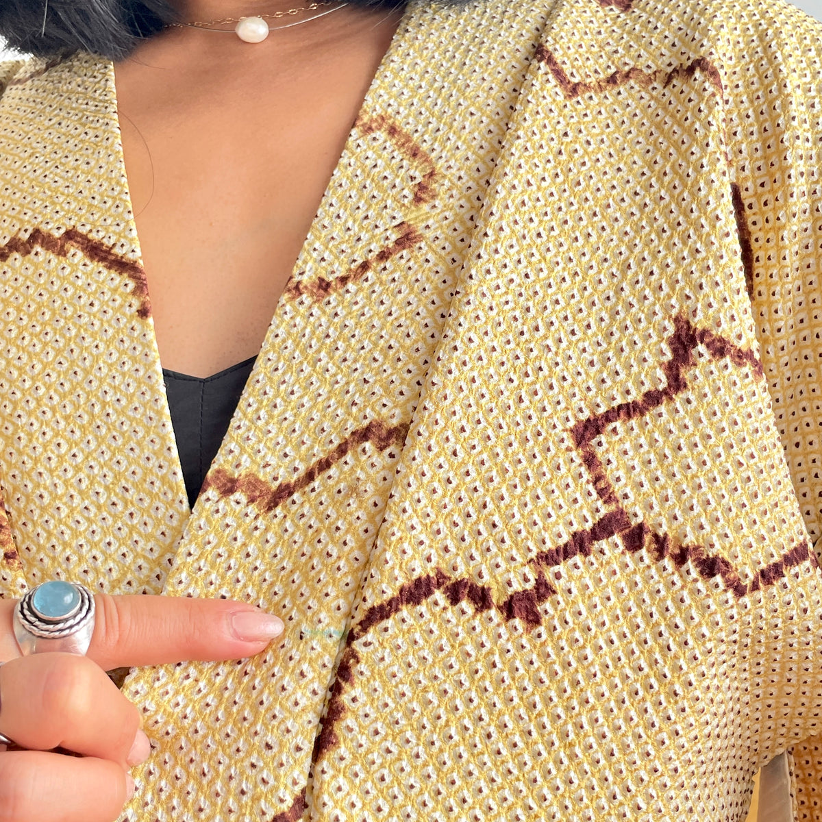 Haori Shibori Yellow with Chocolate Lines in Silk